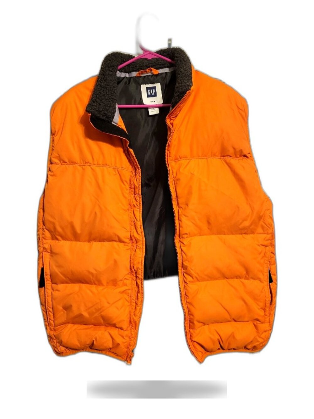 GAP Orange Puffer Jacket Vest with Black Sherpa Collar